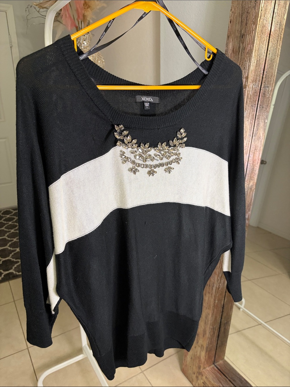 XOXO Black & White Jewel-Embellished Scoopneck Sweater